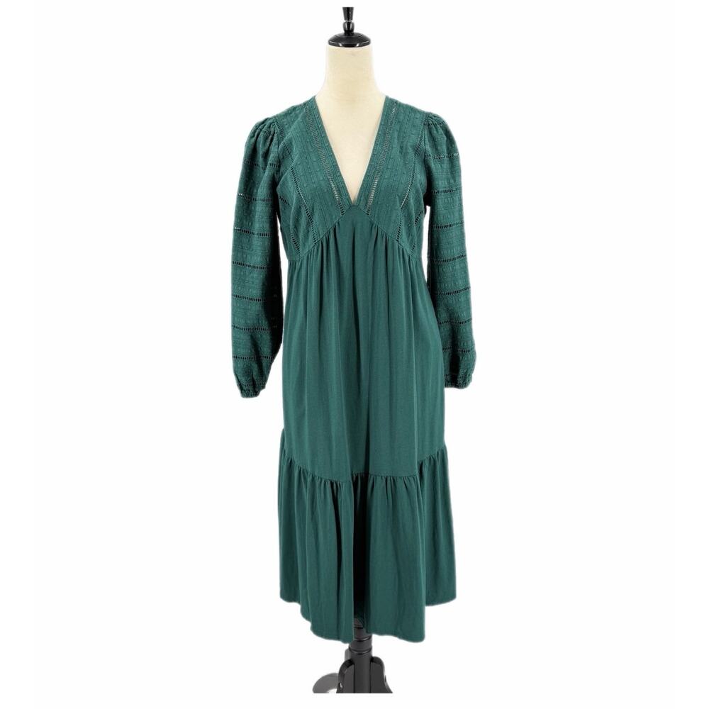 Boden PETITE Dark Green Boho Prairiecore Fall Cottagecore Peasant Midi Dress